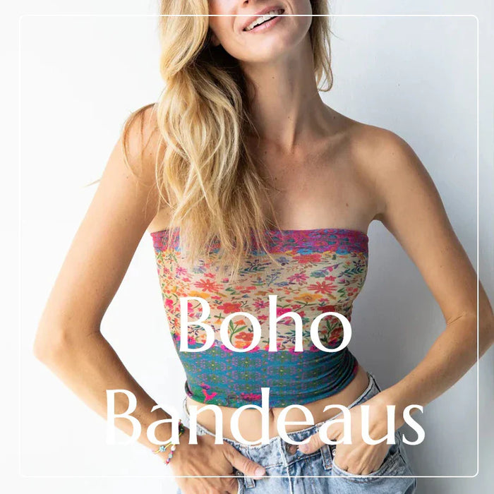 Colorful boho bandeau tube top with floral pattern on a woman with long blonde hair.
