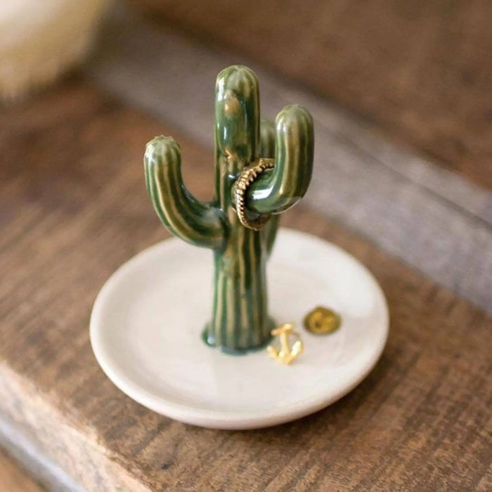 Ceramic cactus-shaped jewelry holder on a dish from Daisy Lane gift boxes collection.