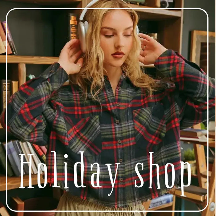 Cozy red and green plaid flannel shirt for winter holiday outfits.