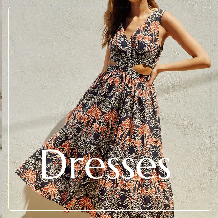 Floral print summer dress with cutout waist and V-neckline from Daisy Lane Boutique.