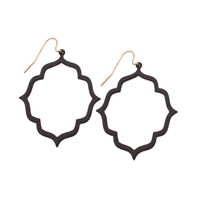 Black ornate-shaped dangle earrings with gold-toned hooks from Daisy Lane’s boho collection.