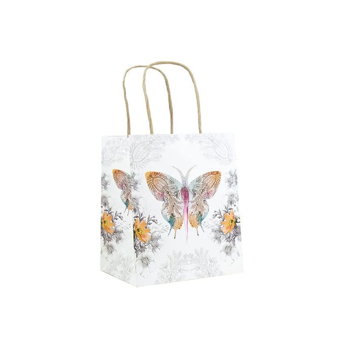 Elegant white gift bag with a butterfly and floral design for Daisy Lane gift bags.