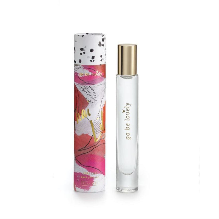 Perfume bottle with vibrant floral packaging from Illume Rollerball collection.