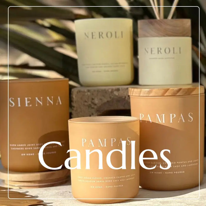 Scented candles in minimalist packaging, featuring Sweet Grace, Neroli, and Pampas.