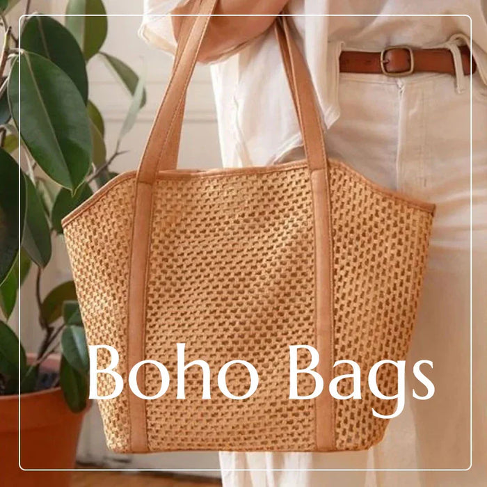 Woven straw tote bag with leather handles in Boho-Chic Vegan Bags by Joy Susan collection.
