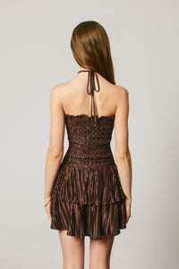 METALLIC PLEAT HALTER DIPPED WAIST MINI DRESS