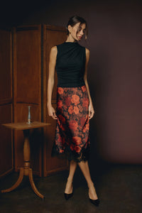 FLORAL SATIN LACE HEM PENCIL SKIRT