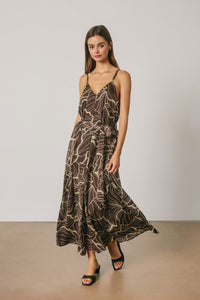 ABSTRACT PRINT SATIN A LINE V NECK BELTED MAXI DRESS