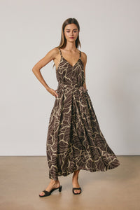 ABSTRACT PRINT SATIN A LINE V NECK BELTED MAXI DRESS