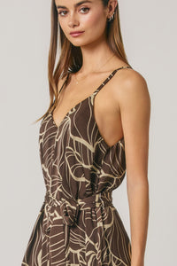 ABSTRACT PRINT SATIN A LINE V NECK BELTED MAXI DRESS