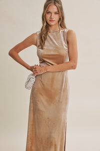 VELVET AFTER DARK DEEP V BACK BODYCON MAXI DRESS WITH SLIT