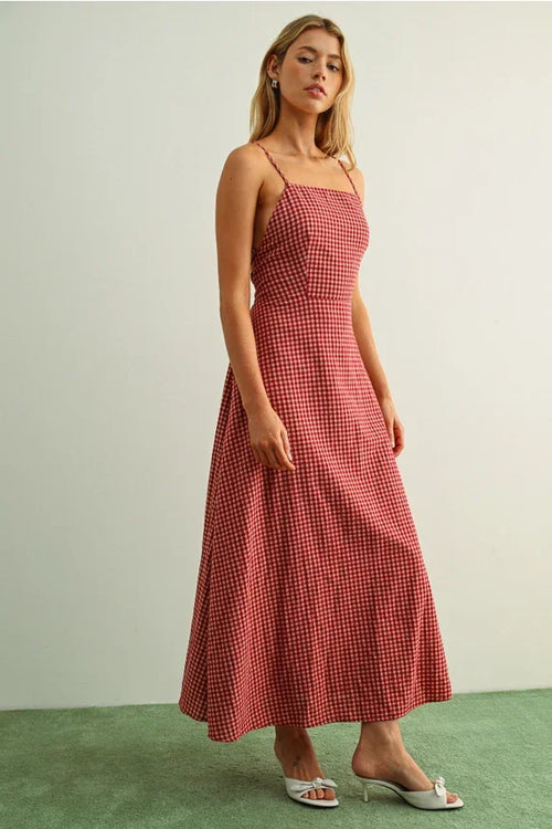 Gingham pattern open back maxi dress, red white, spaghetti straps