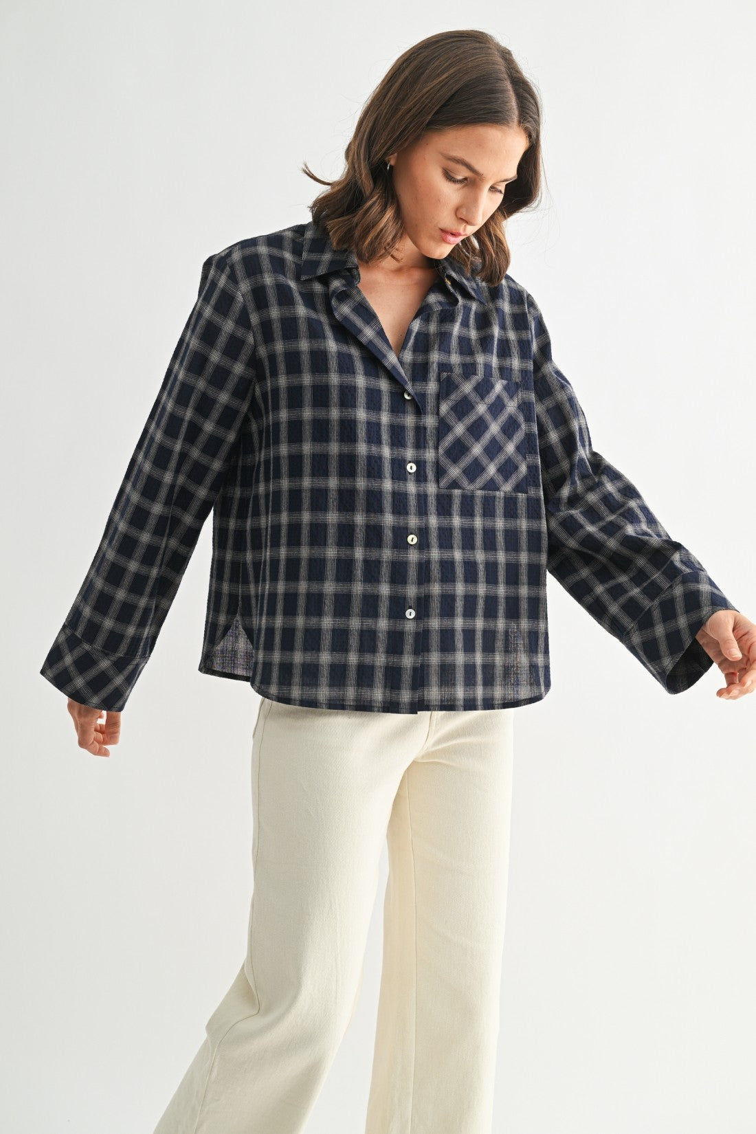 PLAID BUTTON DOWN WIDE SLEEVE SHIRTS