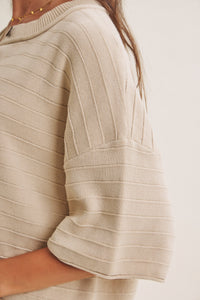SUNLIT TERRACE COTTON TEXTURED STRIPE HALF SLEEVE SWEATER