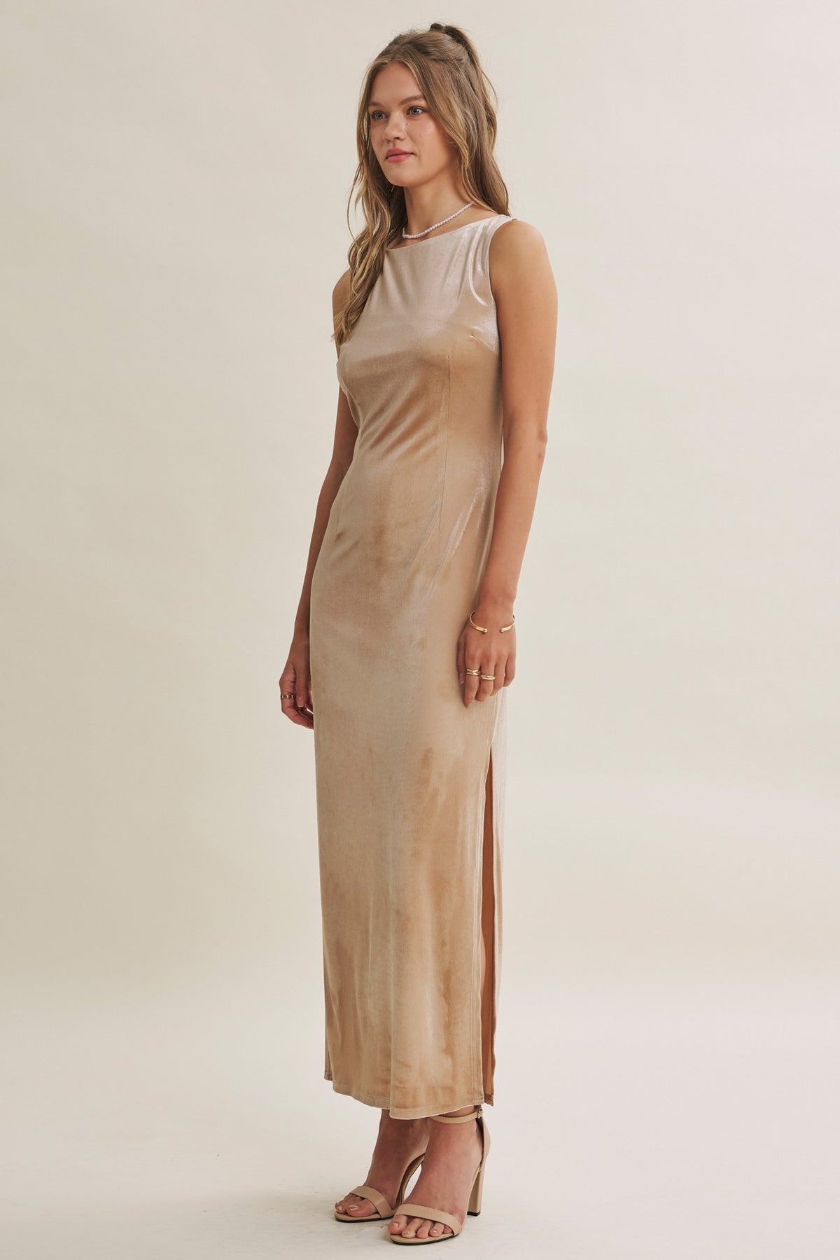 VELVET AFTER DARK DEEP V BACK BODYCON MAXI DRESS WITH SLIT