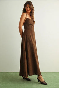 Gingham pattern open back brown checkered maxi dress