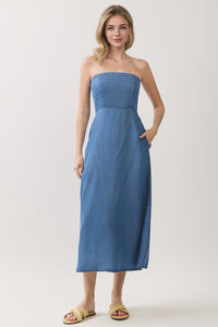 BACK SMOCKED TUBE TOP TENCEL DENIM MIDI DRESS