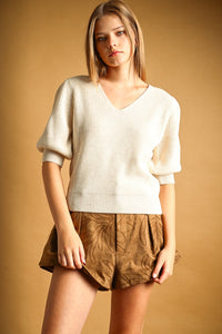 V-NECK WITH SHORT PUFF SLEEVE KNIT SWEATER