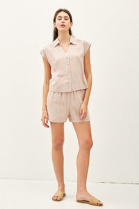 LINEN BLEND STRIPED V NECK BUTTON UP TOP
