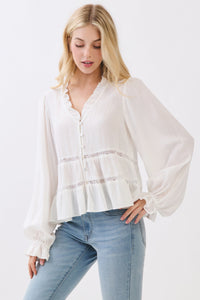 RUFFLE NECK TIERED LONG SLEEVE BLOUSE
