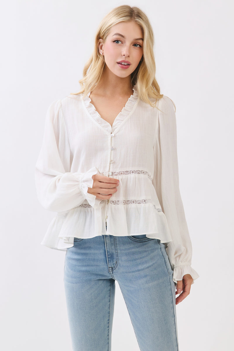 RUFFLE NECK TIERED LONG SLEEVE BLOUSE