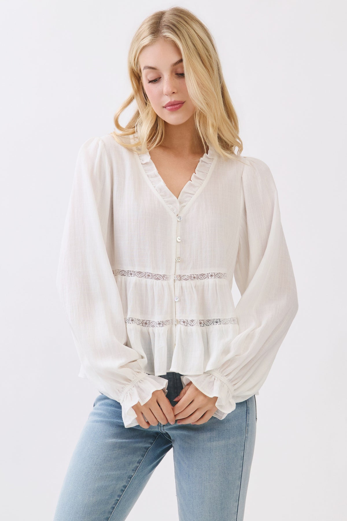 RUFFLE NECK TIERED LONG SLEEVE BLOUSE