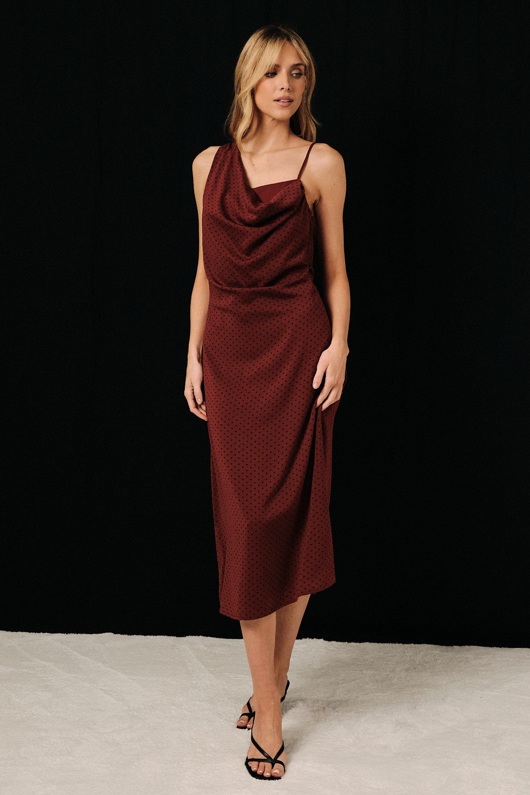 ASYMMETRICAL COWL NECK SLEEVELESS MIDI DRESS