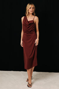 ASYMMETRICAL COWL NECK SLEEVELESS MIDI DRESS