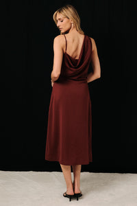 ASYMMETRICAL COWL NECK SLEEVELESS MIDI DRESS