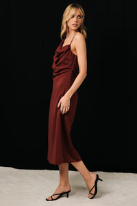ASYMMETRICAL COWL NECK SLEEVELESS MIDI DRESS