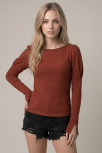 SOFT RIB PUFF DETAIL BOAT NECK TOP