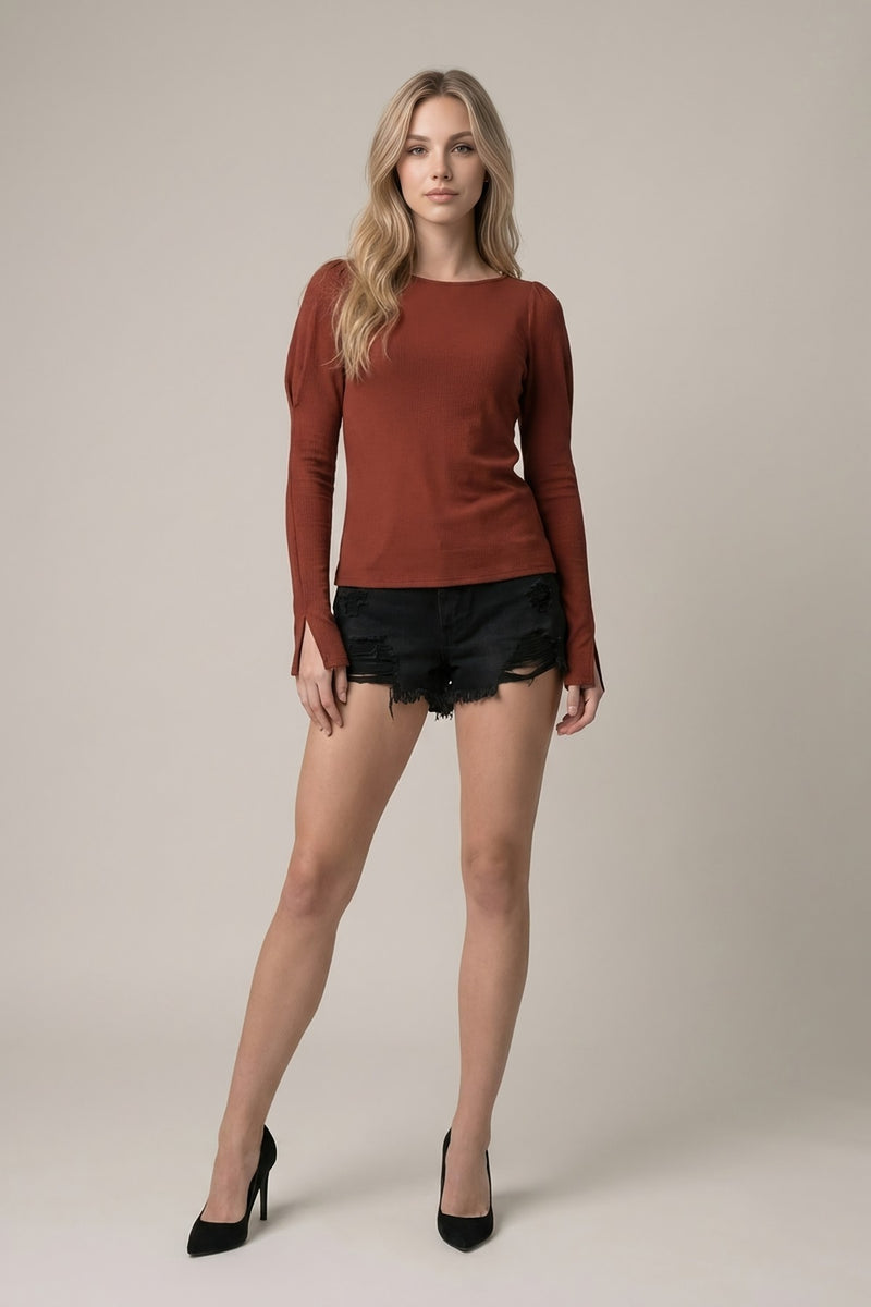 SOFT RIB PUFF DETAIL BOAT NECK TOP