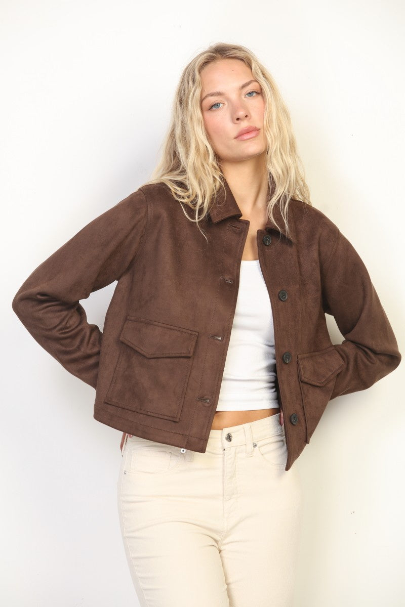OVERSIZED FRONT PATCH POCKETS SUEDE JACKET