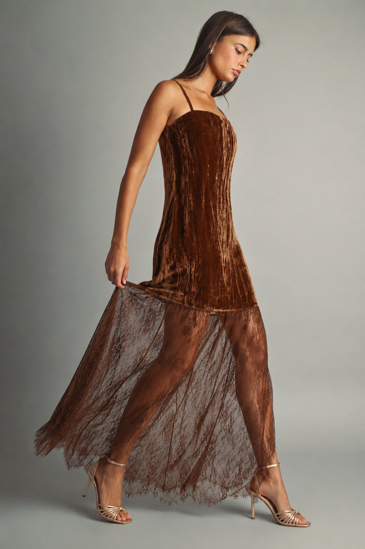 TEXTURED VELVET AND LACE COMBO MAXI DRESS