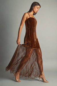 TEXTURED VELVET AND LACE COMBO MAXI DRESS