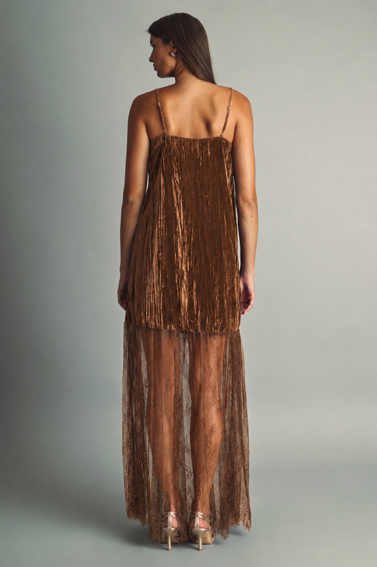 TEXTURED VELVET AND LACE COMBO MAXI DRESS