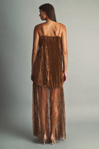 TEXTURED VELVET AND LACE COMBO MAXI DRESS