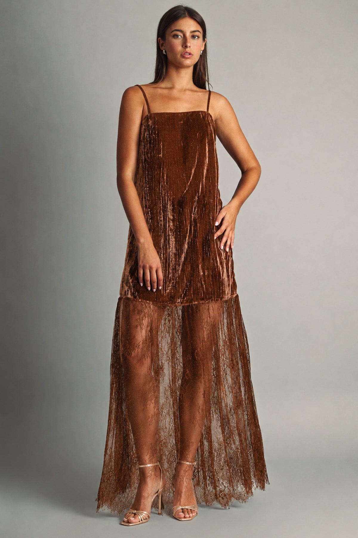 TEXTURED VELVET AND LACE COMBO MAXI DRESS