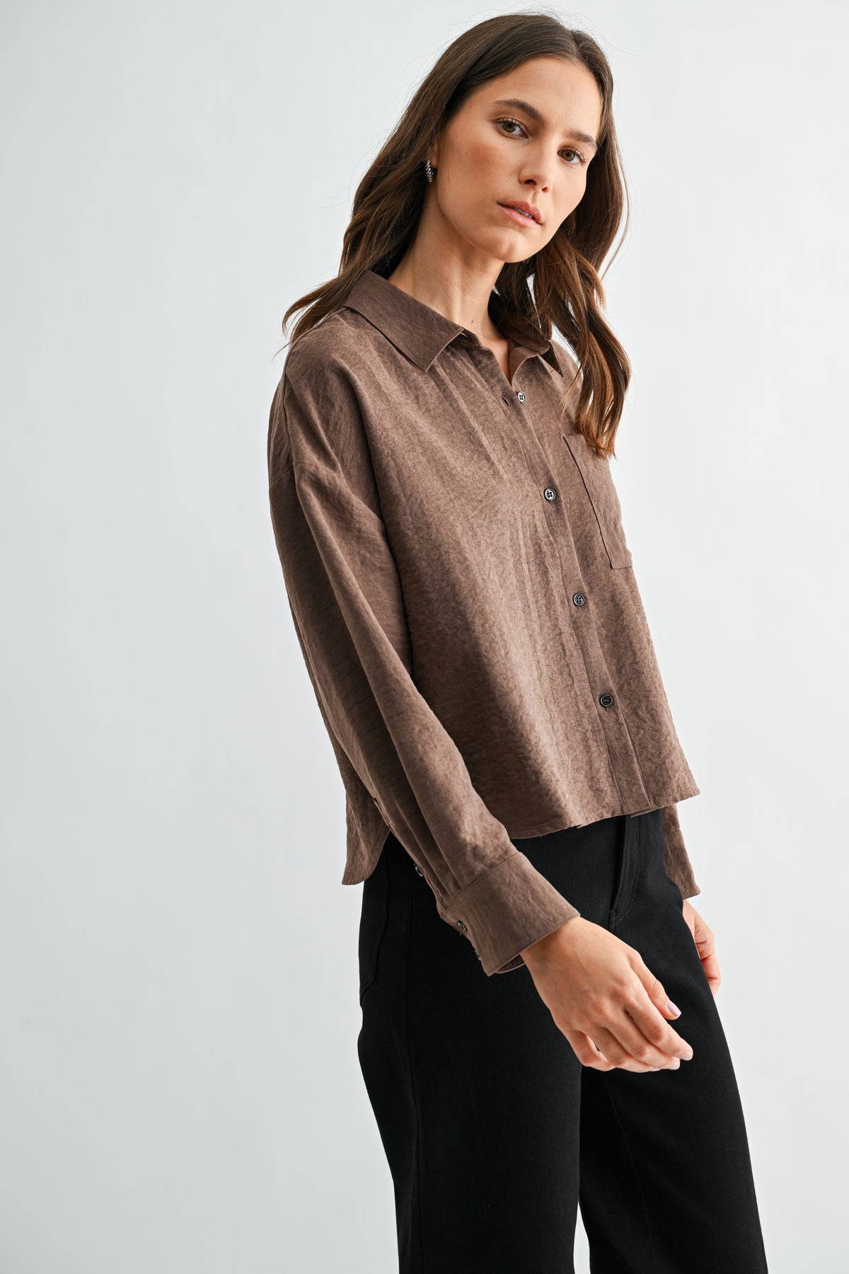 SUEDE COLLARED NECK BUTTON DOWN SHIRT