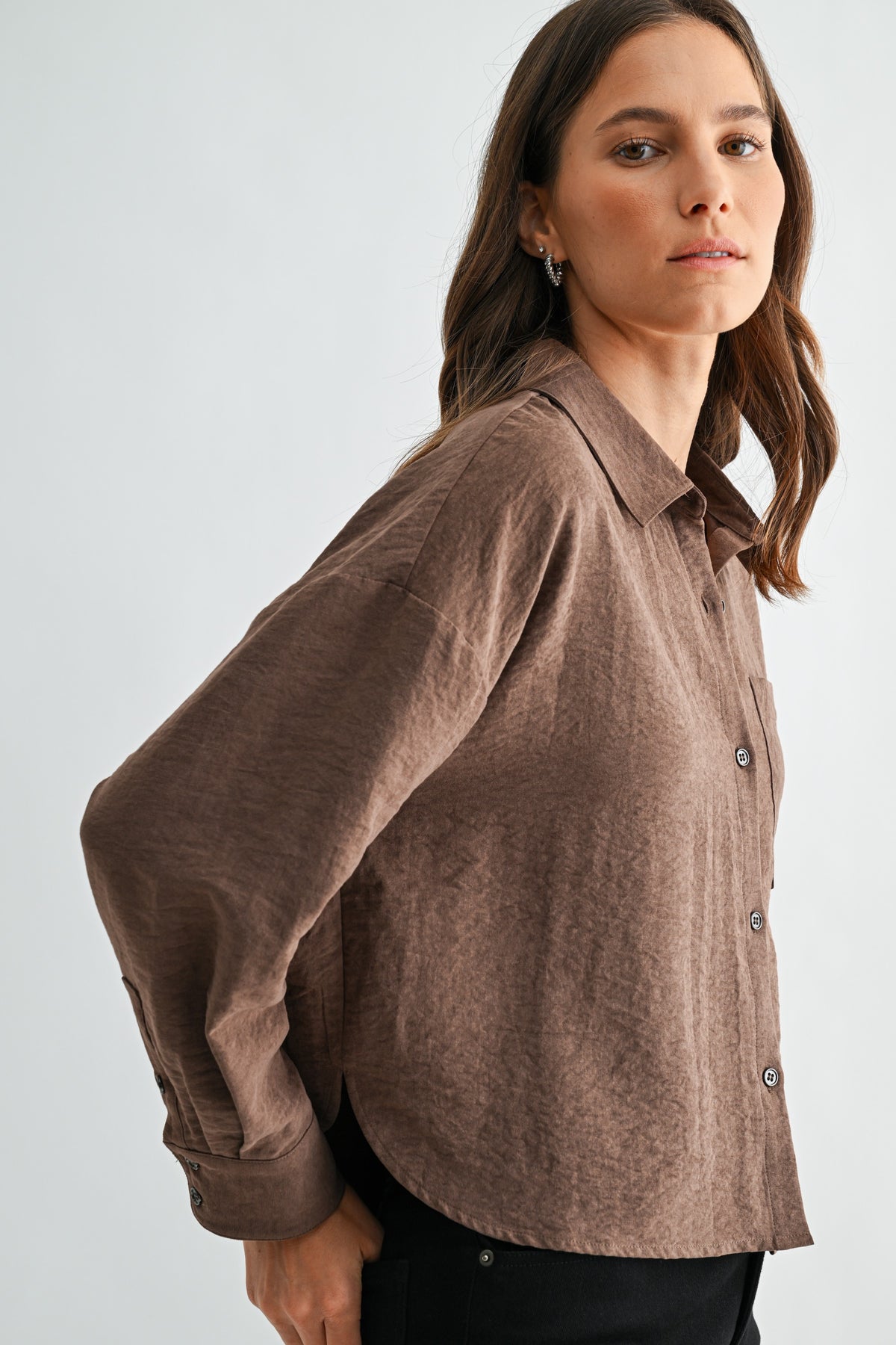 SUEDE COLLARED NECK BUTTON DOWN SHIRT