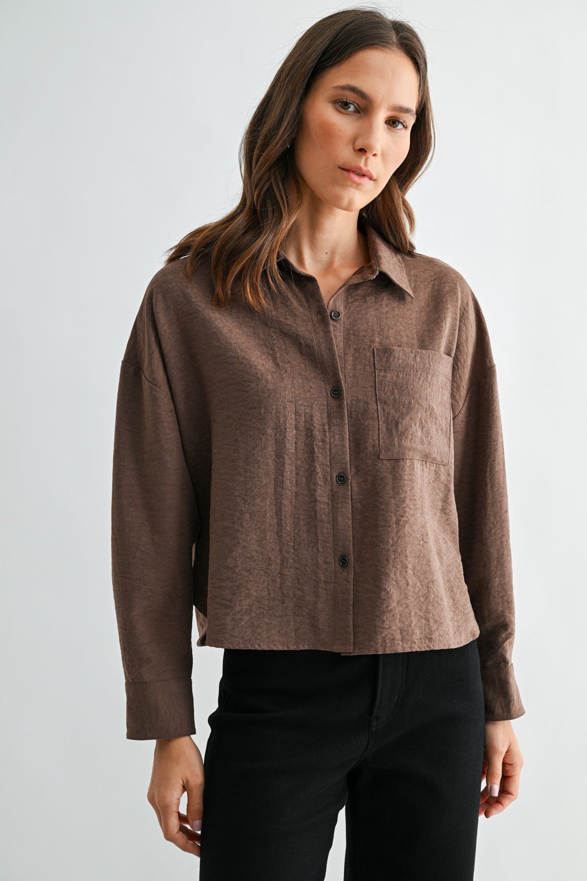 SUEDE COLLARED NECK BUTTON DOWN SHIRT