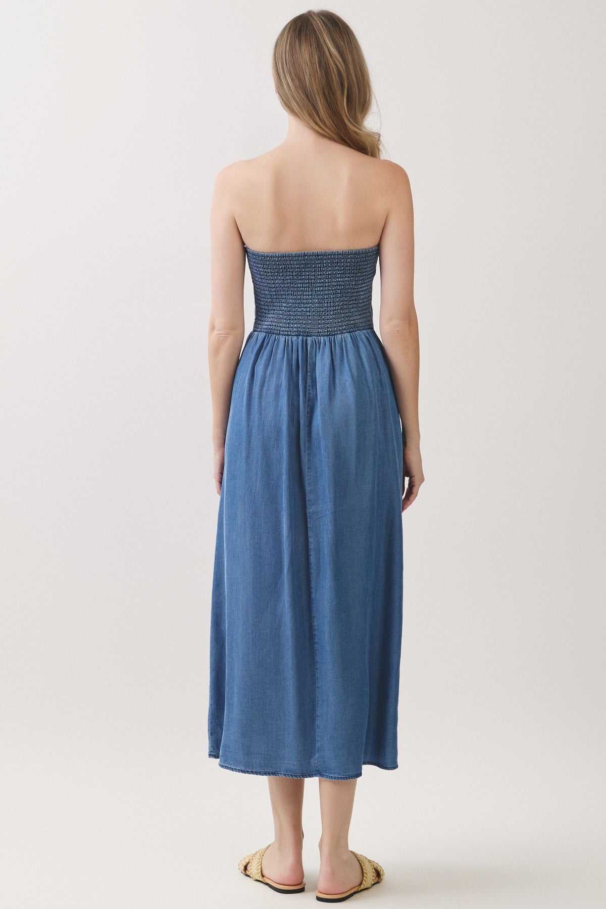 BACK SMOCKED TUBE TOP TENCEL DENIM MIDI DRESS