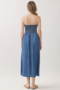 BACK SMOCKED TUBE TOP TENCEL DENIM MIDI DRESS