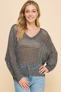 LONG SLEEVE OPEN WEAVE KNIT V-NECK SWEATER