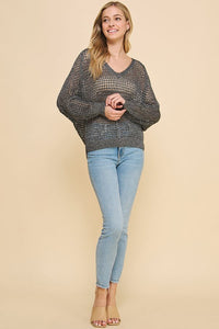 LONG SLEEVE OPEN WEAVE KNIT V-NECK SWEATER