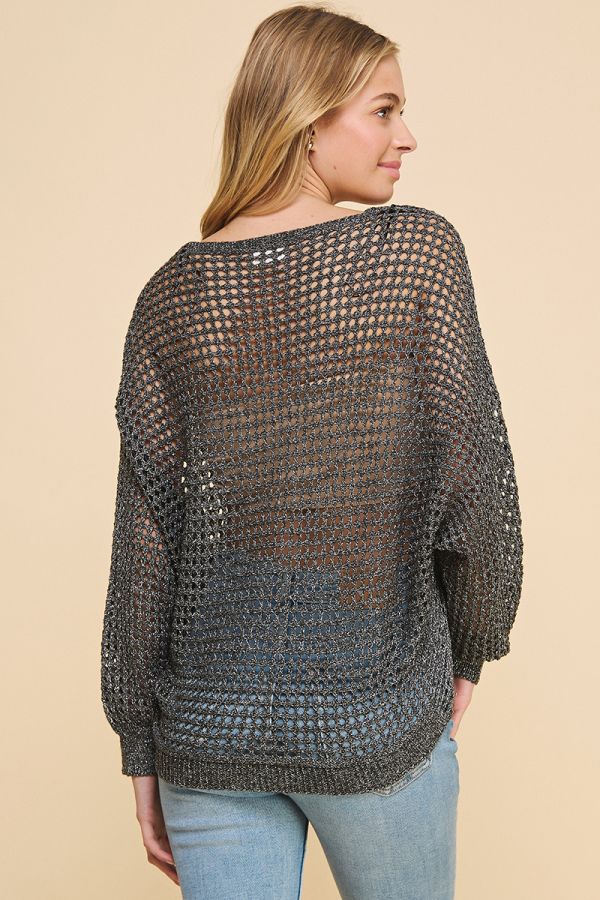 LONG SLEEVE OPEN WEAVE KNIT V-NECK SWEATER