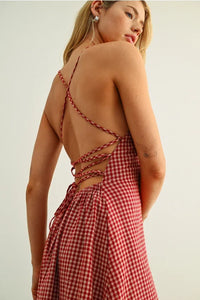 Gingham pattern open back maxi dress back view