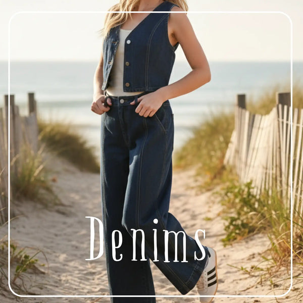 Dark blue denim overalls with a sleeveless vest top and wide-leg pants.