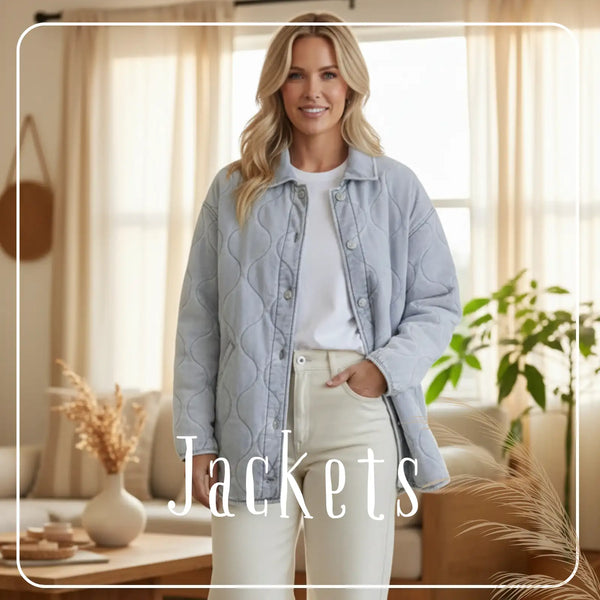 Light blue quilted jacket with a button-front design.