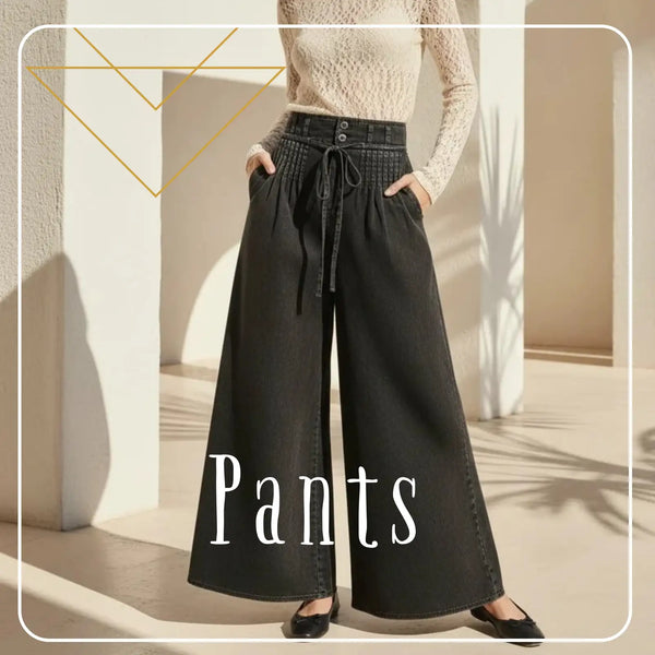 Black wide-leg denim pants with a drawstring waist and button closure.